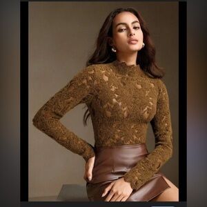 Anewsta Brown Lace Long Sleeve Blouse